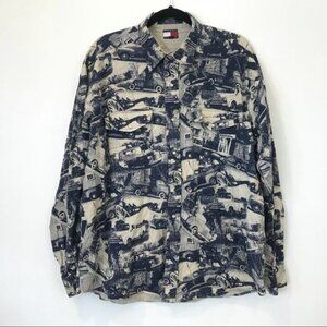 Vintage Tommy Hilfiger Truck Print Pearl Snap Shirt Size L Cotton Long Sleeve